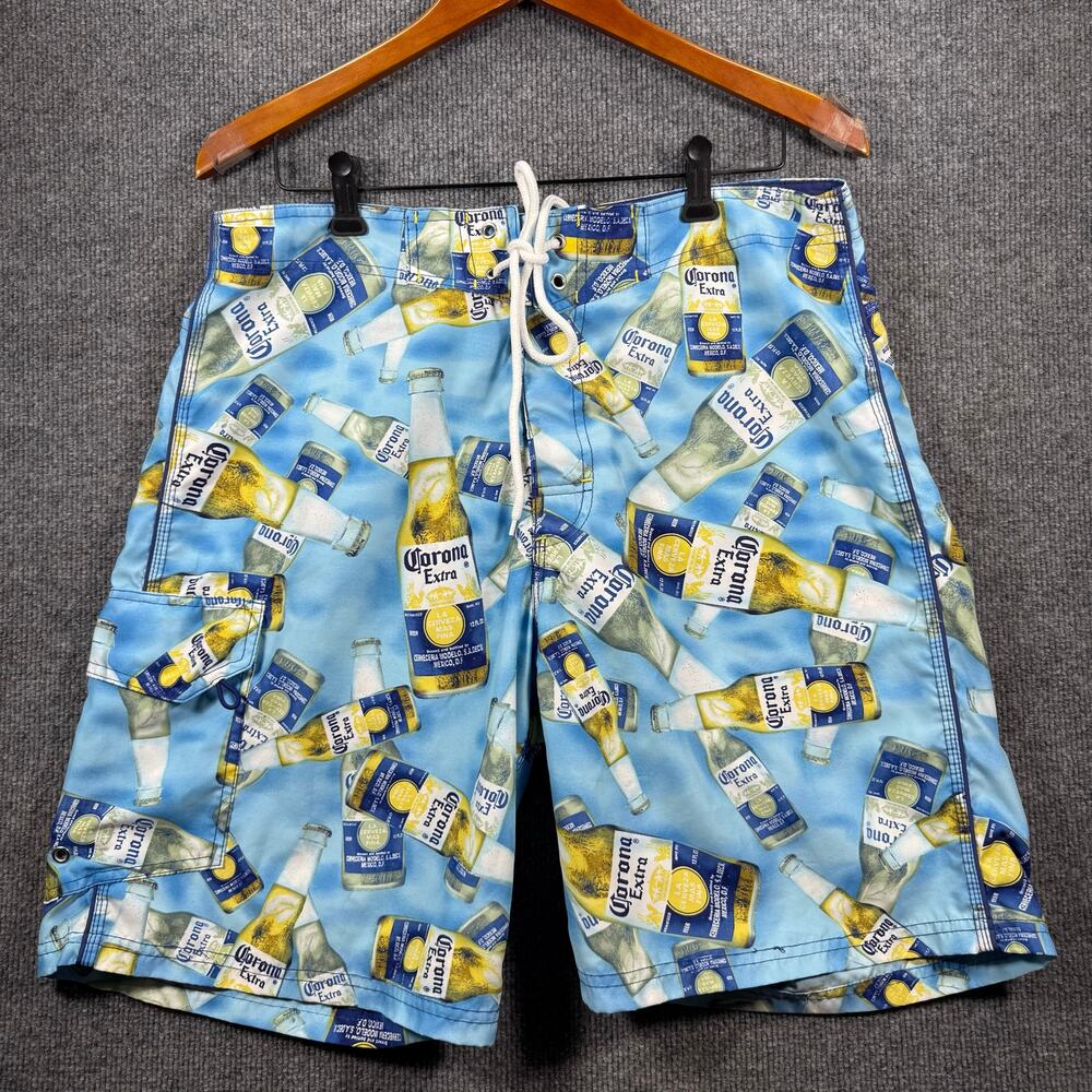 Corona Extra Swim Shorts Men's 34 Blue Beer Bottle Allover Swimwear Outdoors